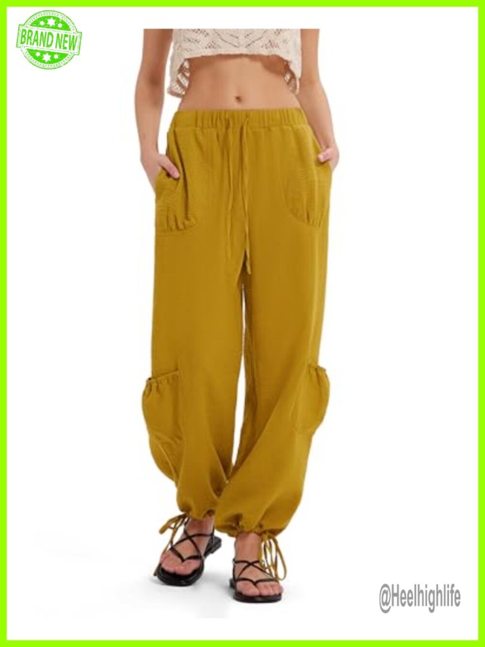 Linen Blend Boho Balloon Pants Drawstring Cargo Pants with Pockets